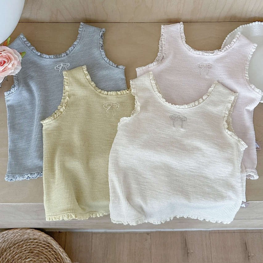 80-130】ワンポイントリボン刺繍フリルタンクトップ｜ELMO-こども服 