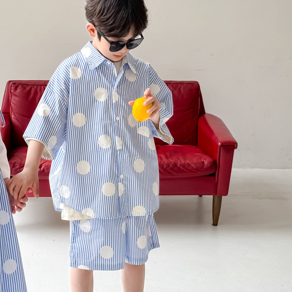 90-150】ドット柄半袖シャツ×ハーフパンツセット｜ELMO-こども服エルモ