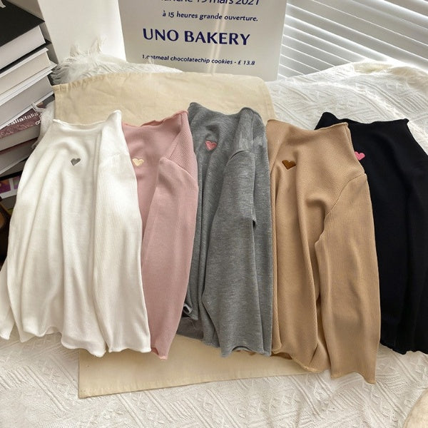 90-120】ワンポイントハートボトルネックロングTシャツ｜ELMO-こども 
