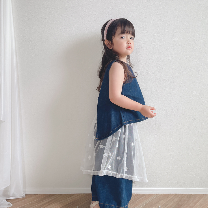 【90-140】デニムノースリーブトップス×ワイドパンツセット