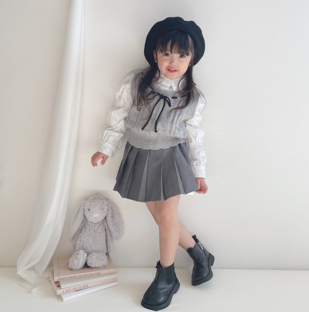 【90-140】ブラウス×ニットベスト×プリーツスカートセット