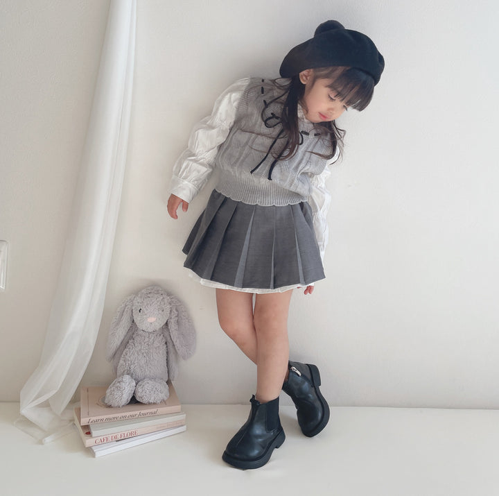 【90-140】ブラウス×ニットベスト×プリーツスカートセット