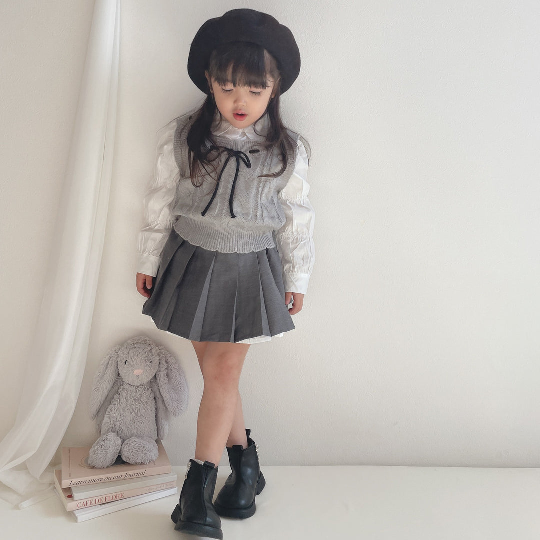 【90-140】ブラウス×ニットベスト×プリーツスカートセット