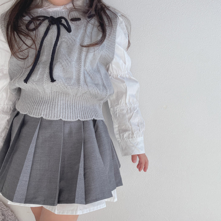 【90-140】ブラウス×ニットベスト×プリーツスカートセット