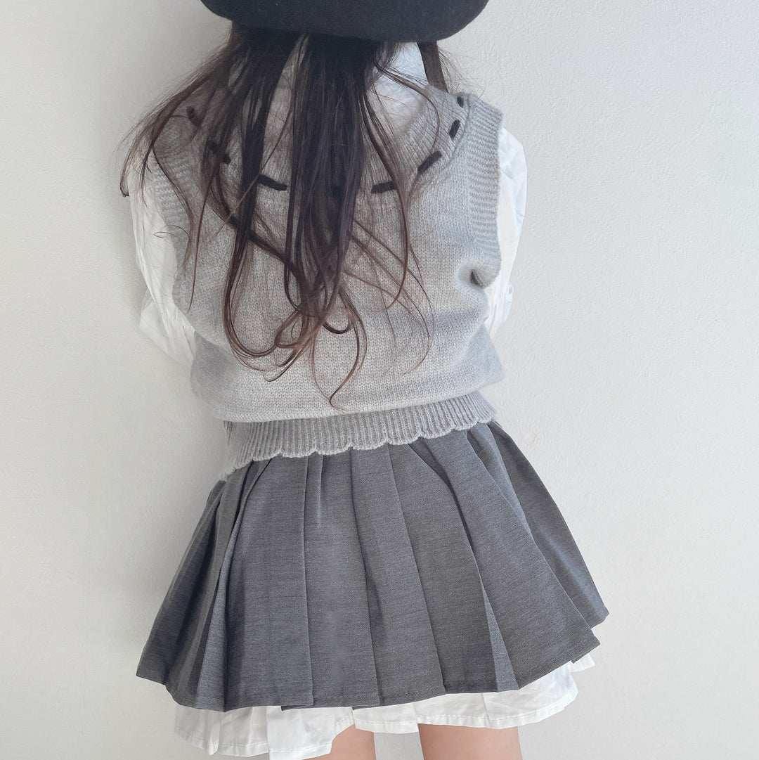 【90-140】ブラウス×ニットベスト×プリーツスカートセット