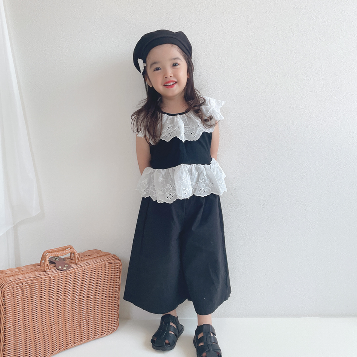 【90-140】レースデザイントップス×ロングパンツセット