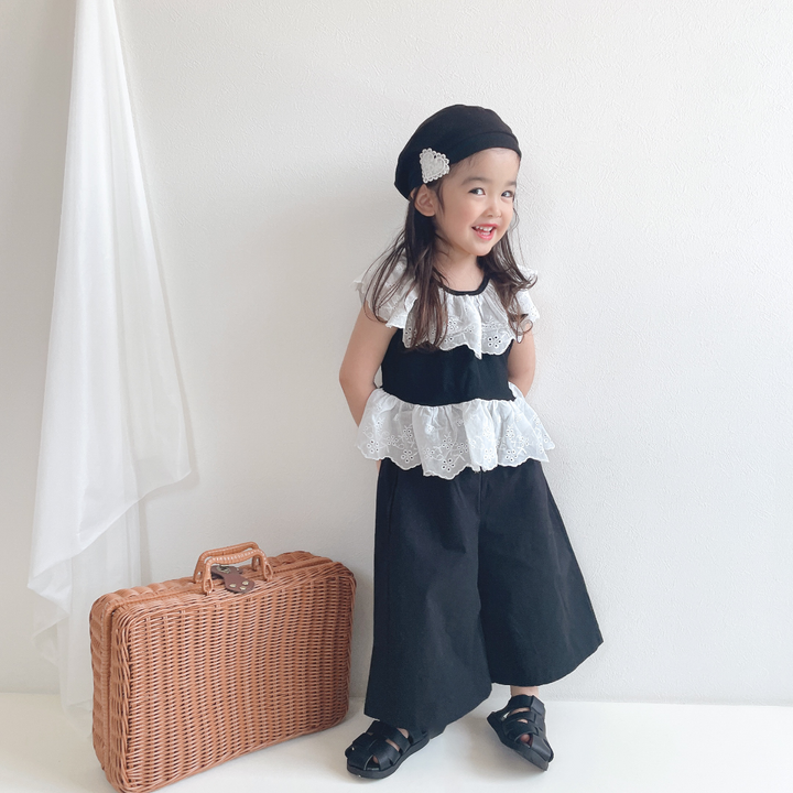 【90-140】レースデザイントップス×ロングパンツセット