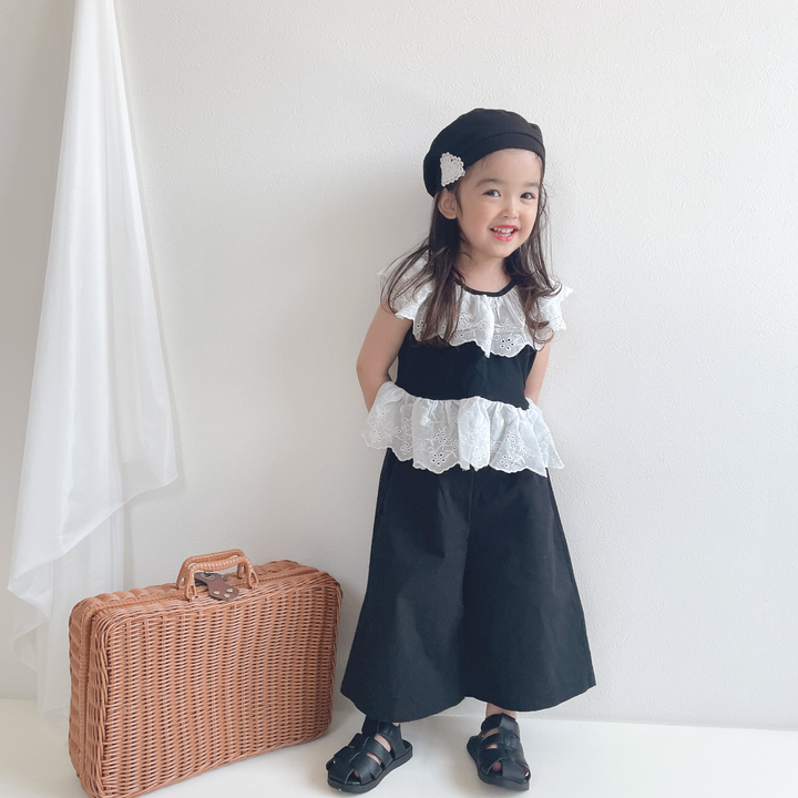 【90-140】レースデザイントップス×ロングパンツセット