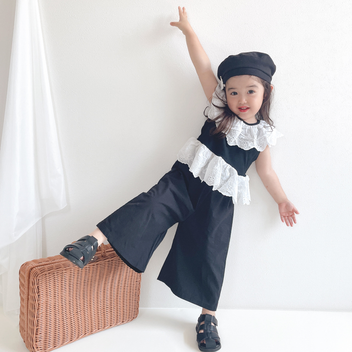 【90-140】レースデザイントップス×ロングパンツセット