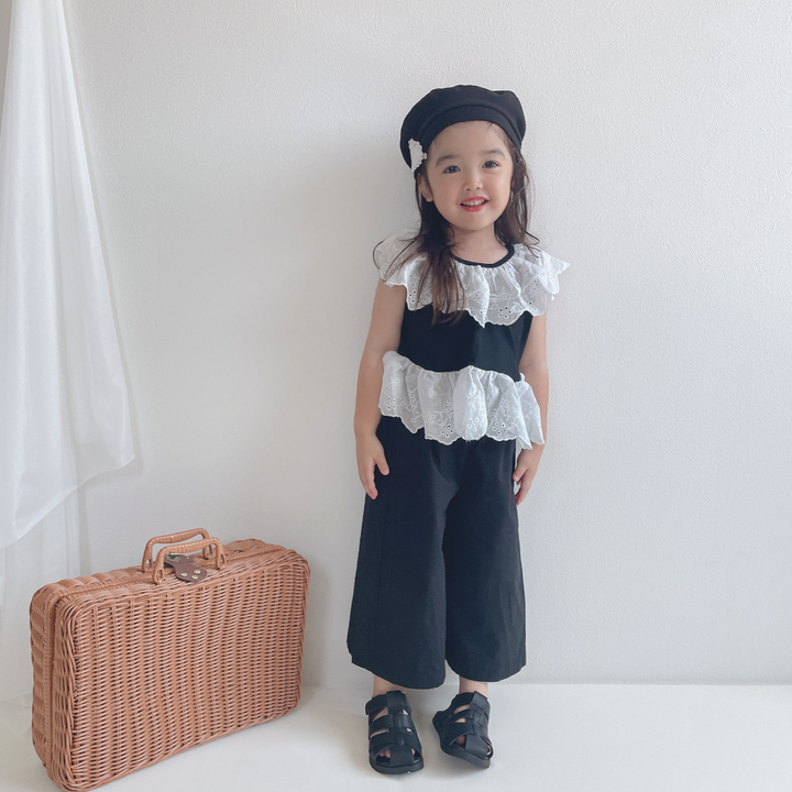 【90-140】レースデザイントップス×ロングパンツセット