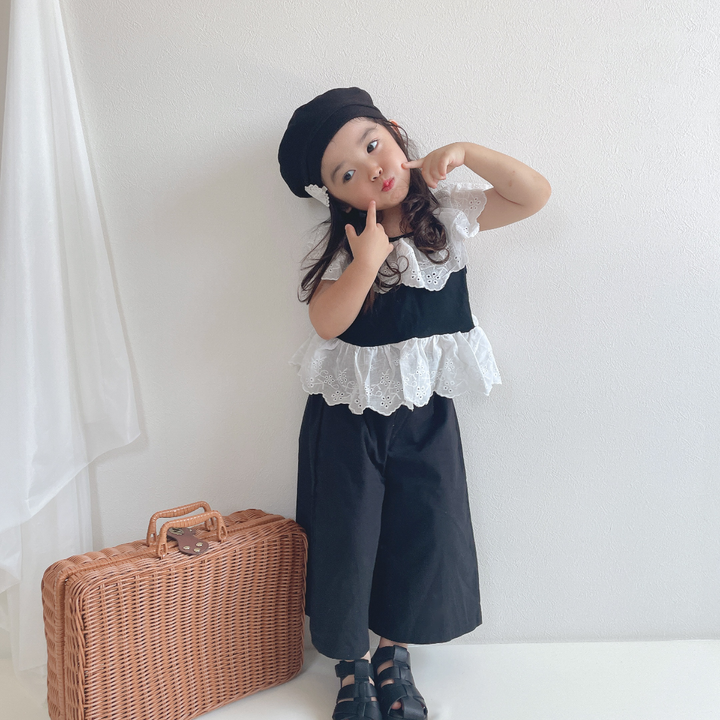 【90-140】レースデザイントップス×ロングパンツセット