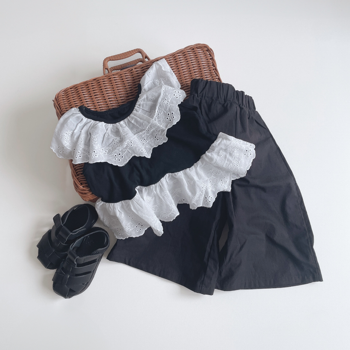 【90-140】レースデザイントップス×ロングパンツセット