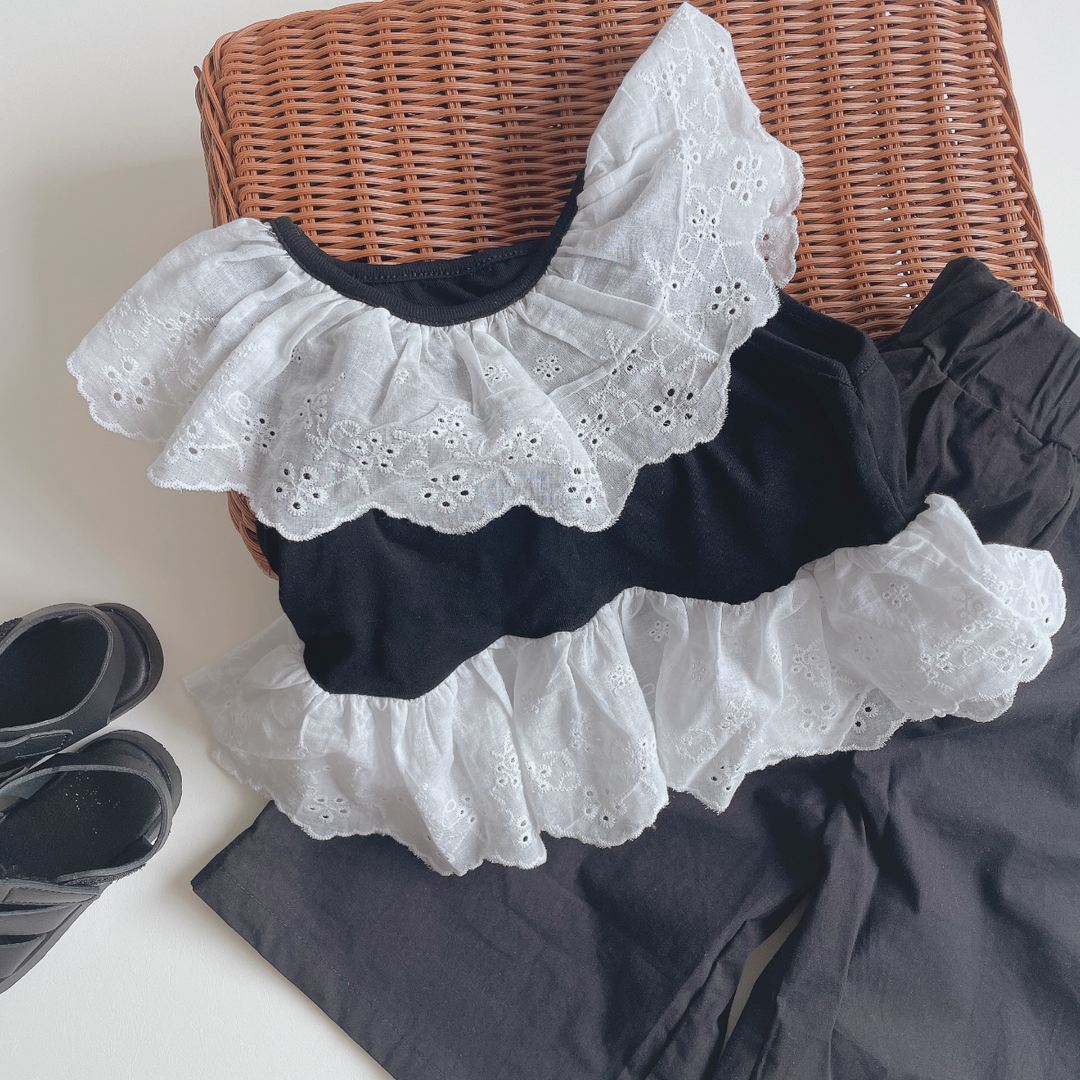 【90-140】レースデザイントップス×ロングパンツセット