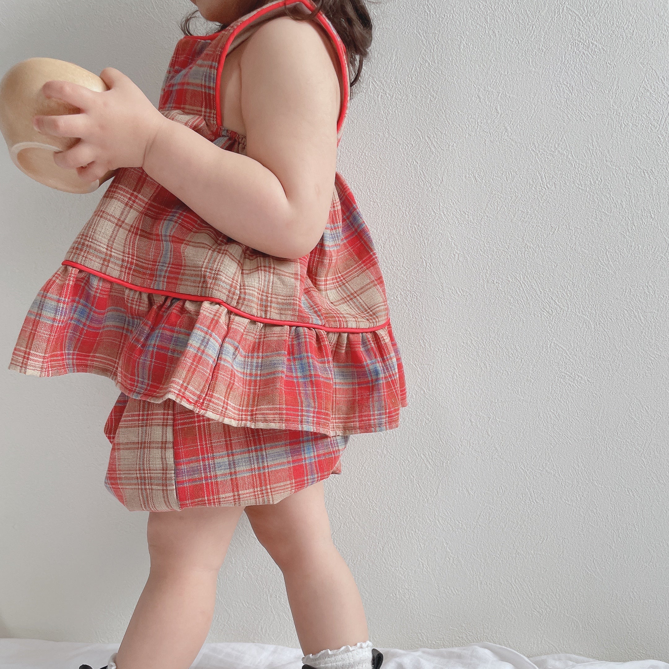 73-110】チェック柄フリルノースリーブチュニック×カボチャパンツ