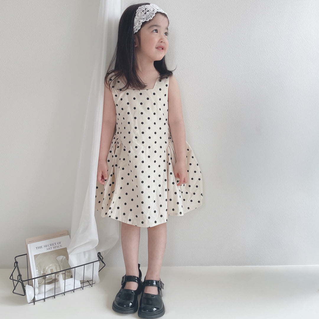 【90-140】取り外しリボン付きドット柄ワンピース