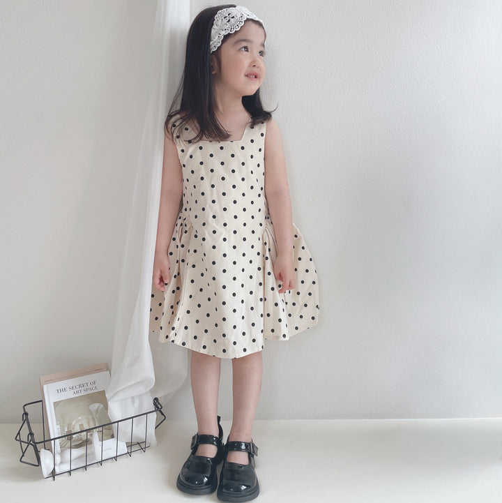 【90-140】取り外しリボン付きドット柄ワンピース