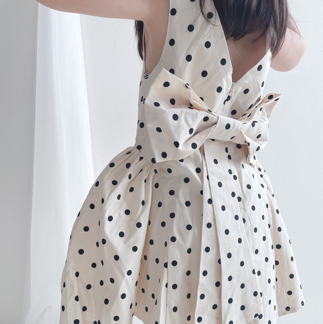 【90-140】取り外しリボン付きドット柄ワンピース