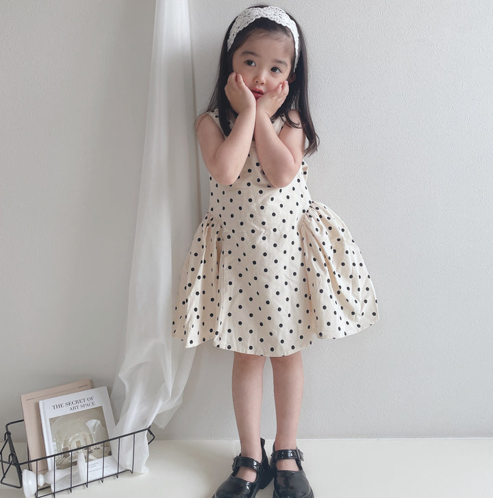 【90-140】取り外しリボン付きドット柄ワンピース