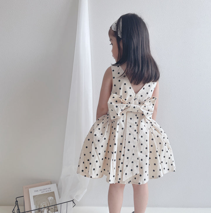 【90-140】取り外しリボン付きドット柄ワンピース