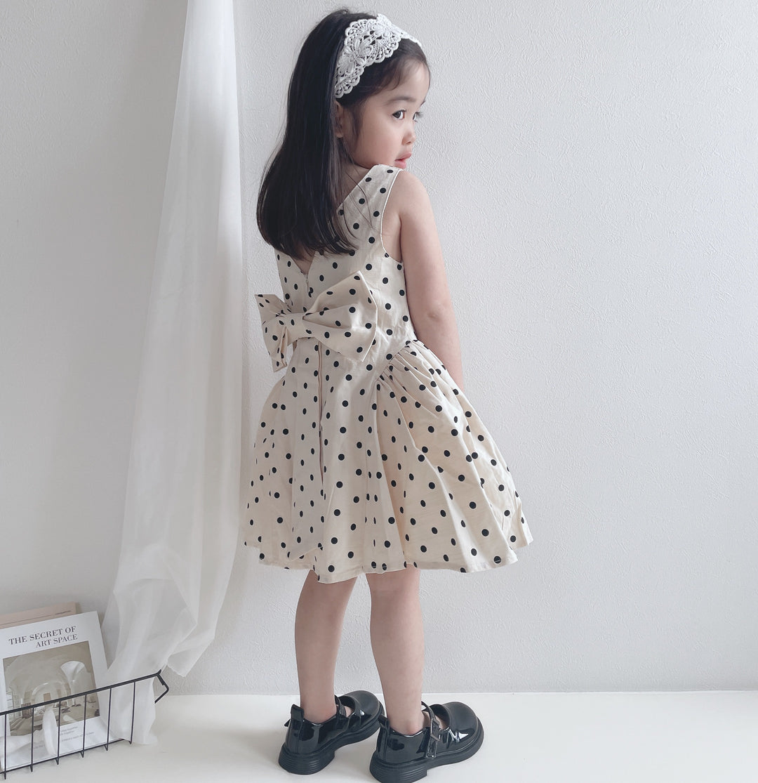 【90-140】取り外しリボン付きドット柄ワンピース