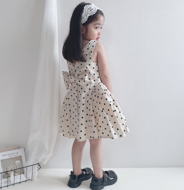 【90-140】取り外しリボン付きドット柄ワンピース