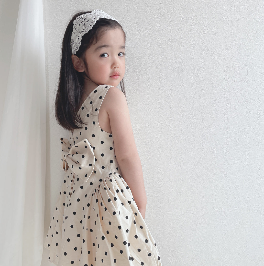 【90-140】取り外しリボン付きドット柄ワンピース