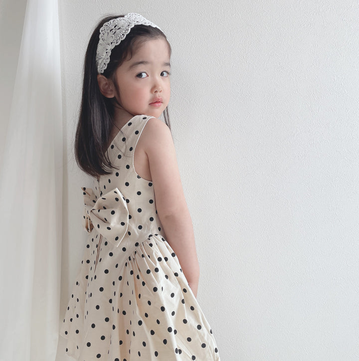 【90-140】取り外しリボン付きドット柄ワンピース