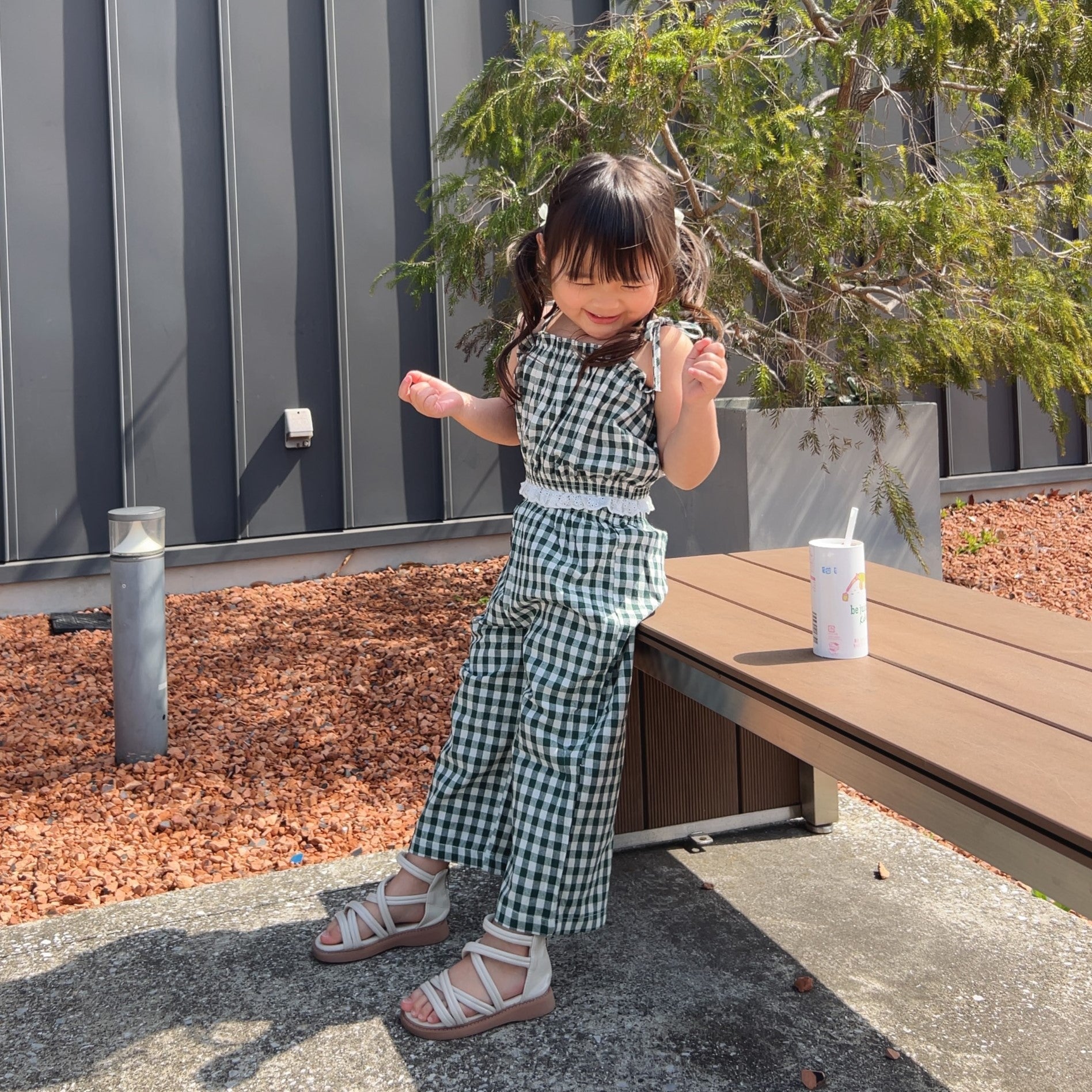 90-140】レースデザインギンガムチェックセットアップ｜ELMO-こども服