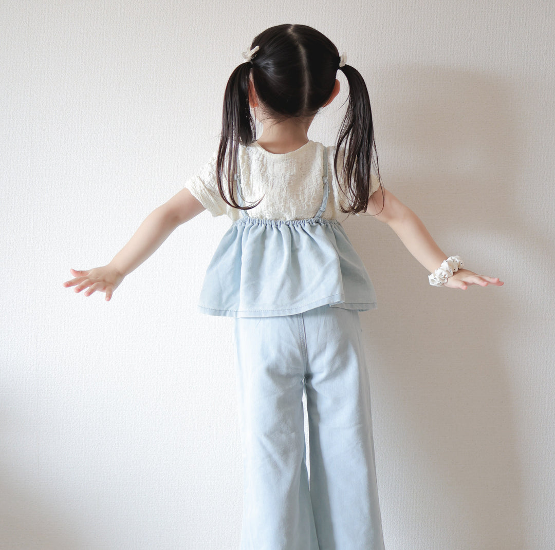 【90-150】フラワー刺繍デニムキャミ×ロングパンツセット