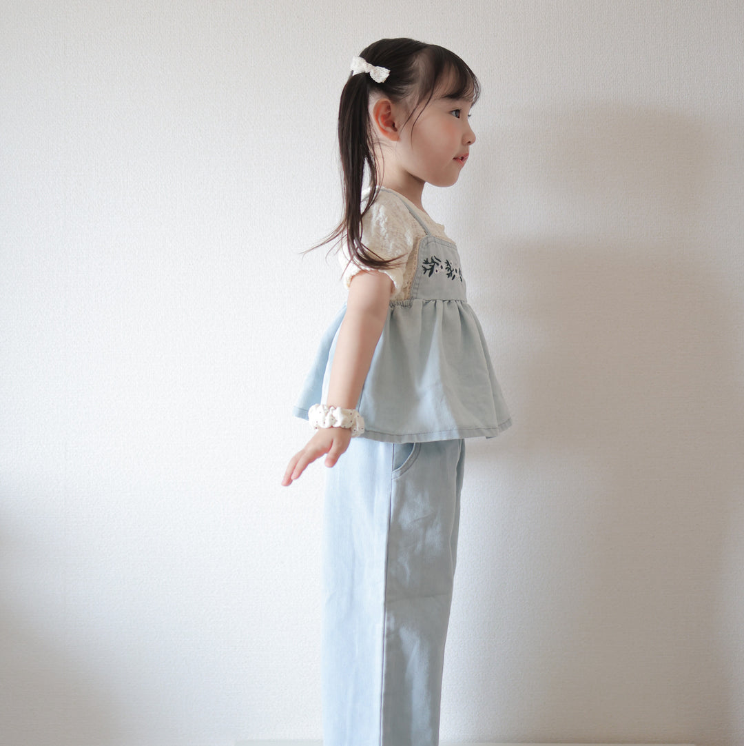 【90-150】フラワー刺繍デニムキャミ×ロングパンツセット