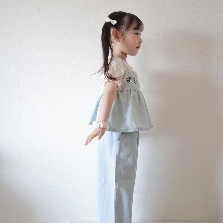 【90-150】フラワー刺繍デニムキャミ×ロングパンツセット