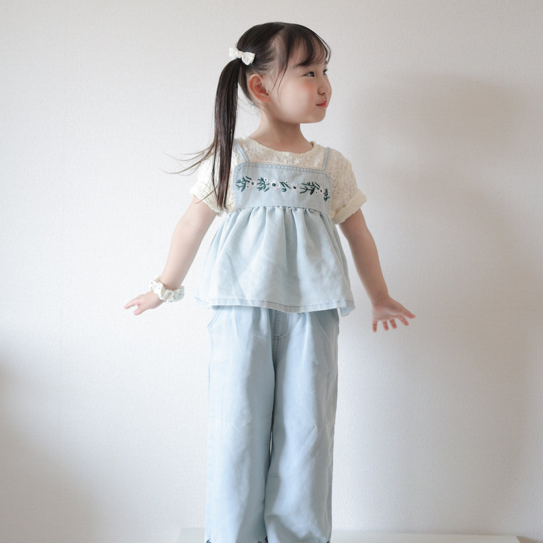 【90-150】フラワー刺繍デニムキャミ×ロングパンツセット