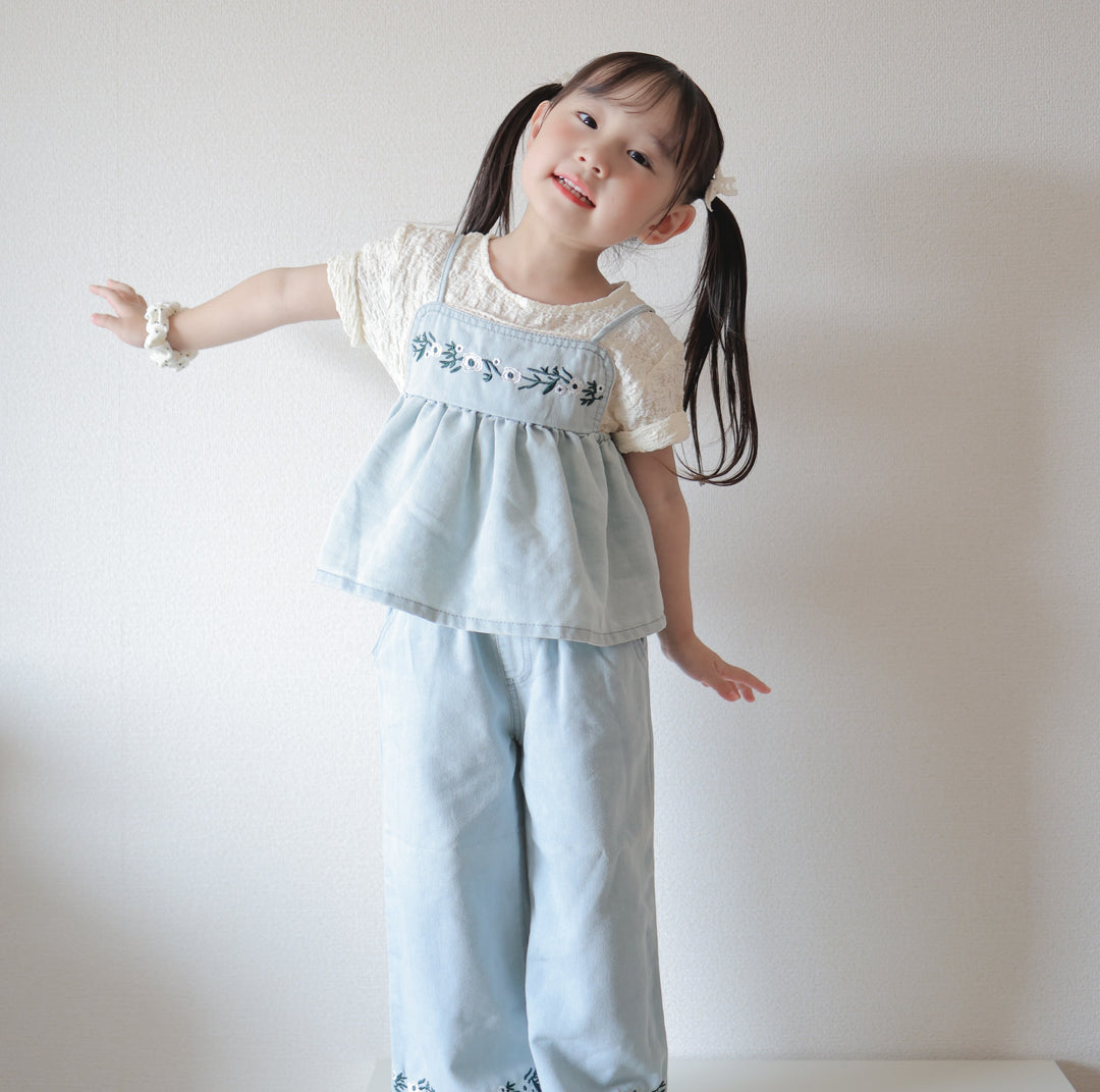 【90-150】フラワー刺繍デニムキャミ×ロングパンツセット