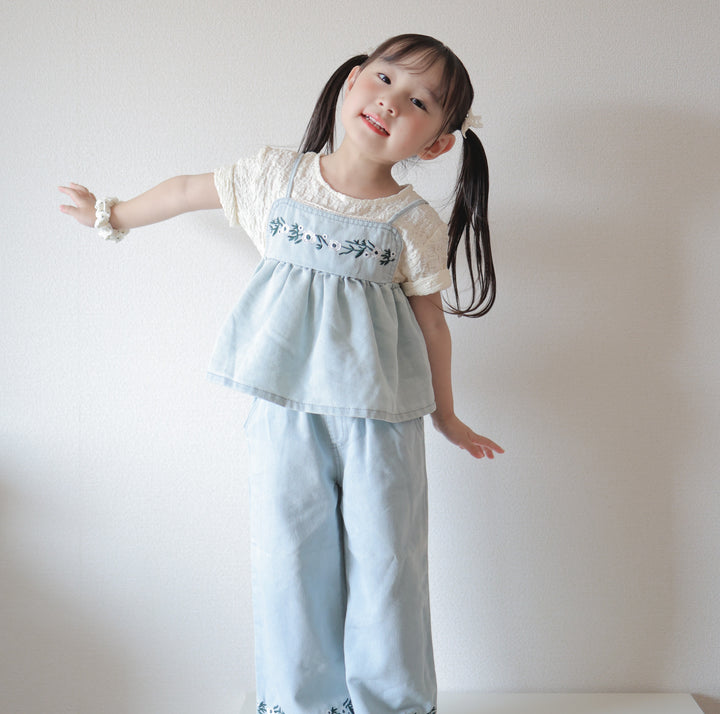 【90-150】フラワー刺繍デニムキャミ×ロングパンツセット