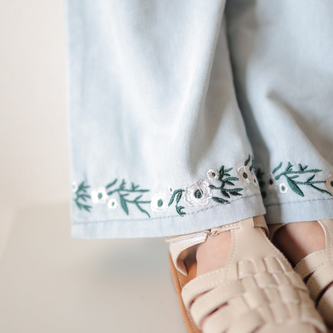 【90-150】フラワー刺繍デニムキャミ×ロングパンツセット