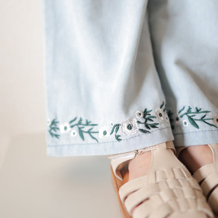 【90-150】フラワー刺繍デニムキャミ×ロングパンツセット