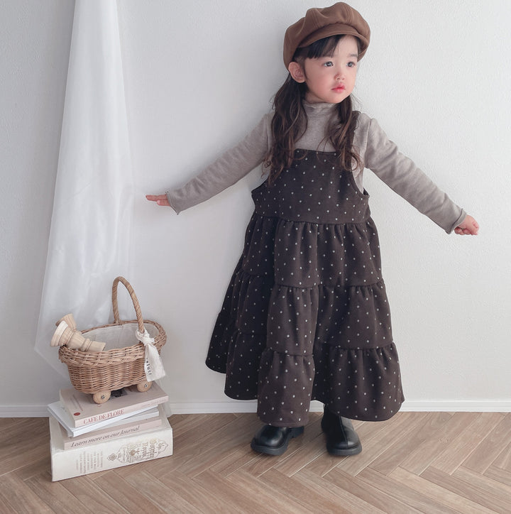 【90-150】ドット柄ティアードジャンパースカート
