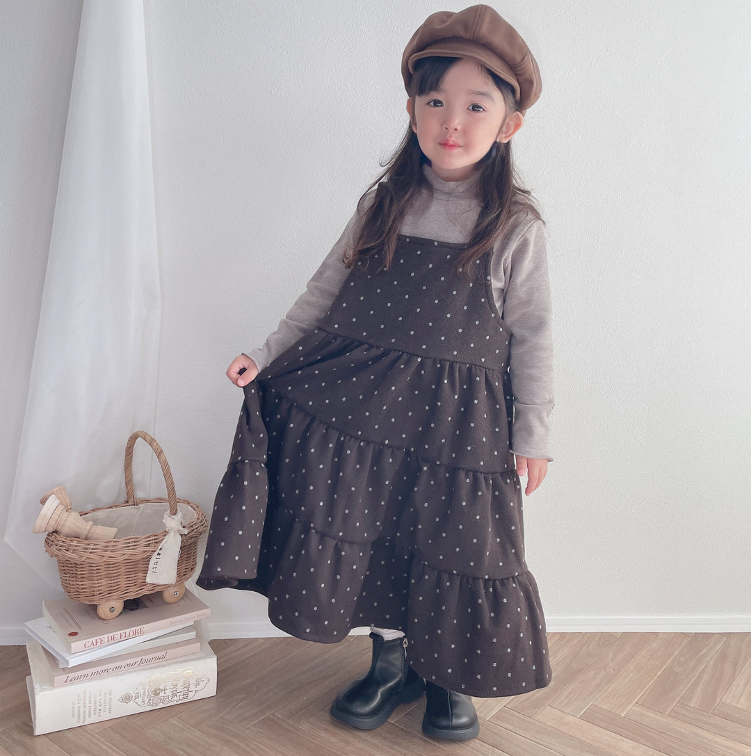 【90-150】ドット柄ティアードジャンパースカート