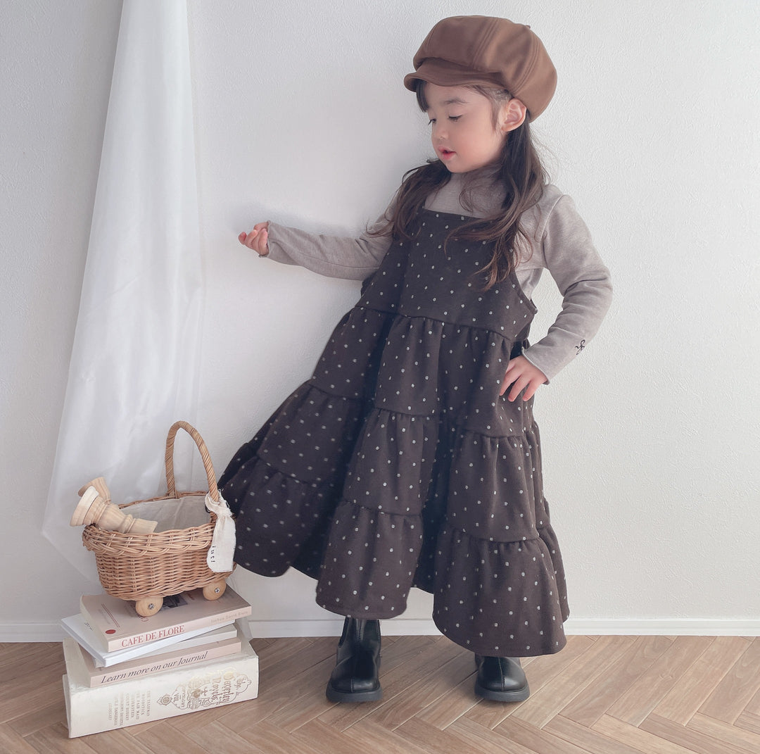 【90-150】ドット柄ティアードジャンパースカート