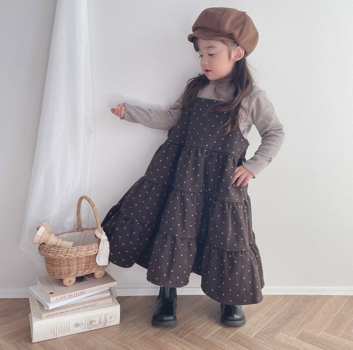 【90-150】ドット柄ティアードジャンパースカート
