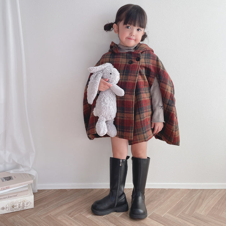 【90-140】ポンポン付きチェック柄ケープ