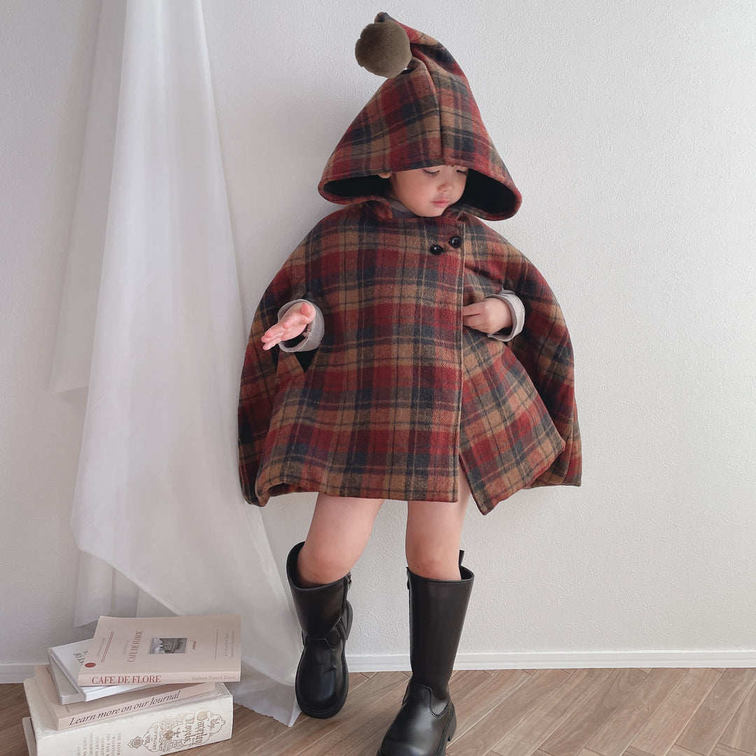 【90-140】ポンポン付きチェック柄ケープ