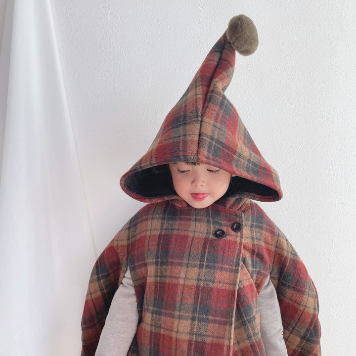 【90-140】ポンポン付きチェック柄ケープ