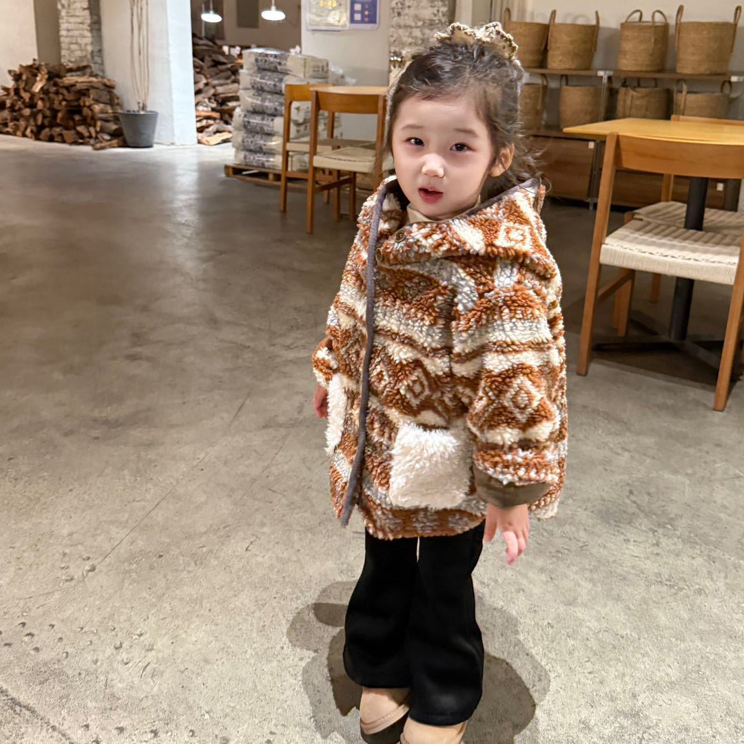 【90-140】ポンポン付きパターンプリントショートコート