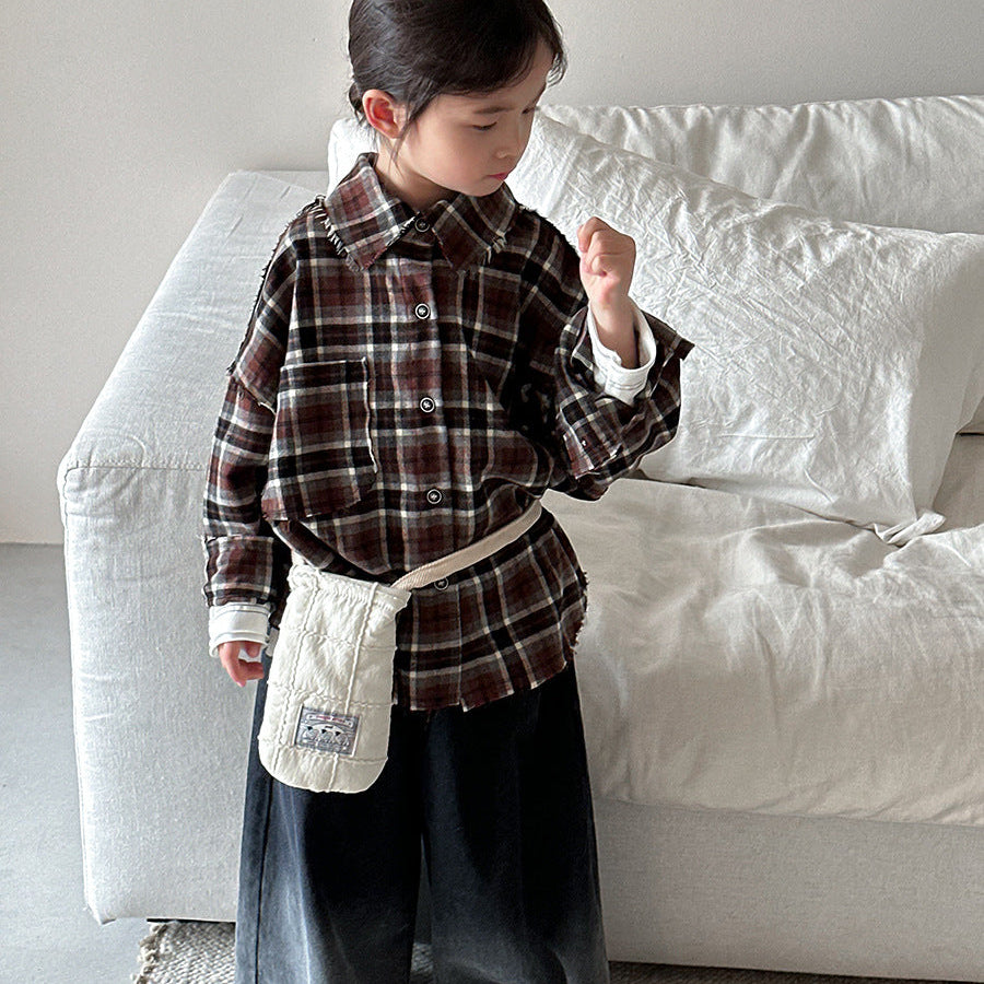 【80-140】カラーデザインチェック柄シャツ