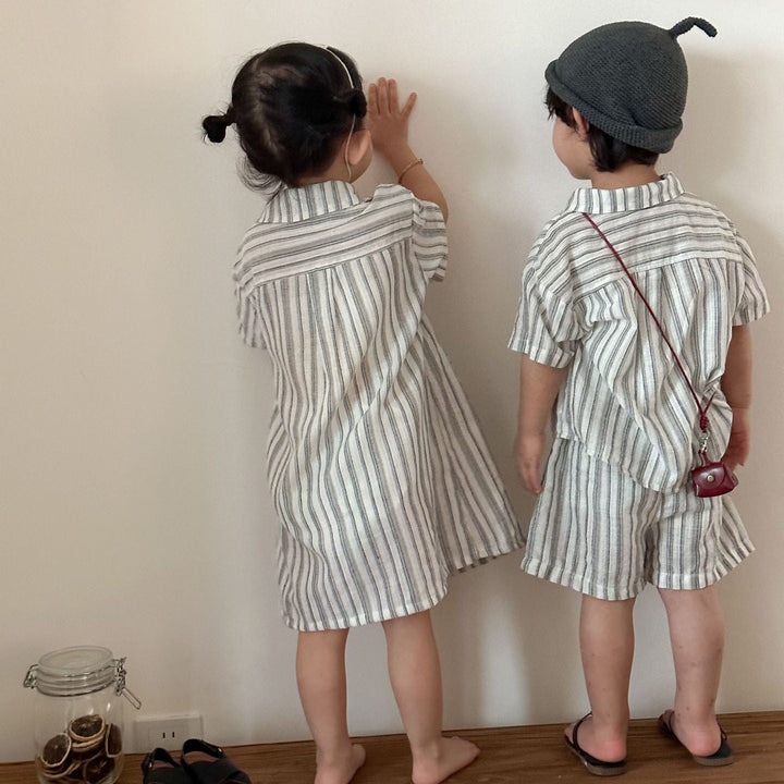 【80-150】ストライプデザイン半袖セットアップ