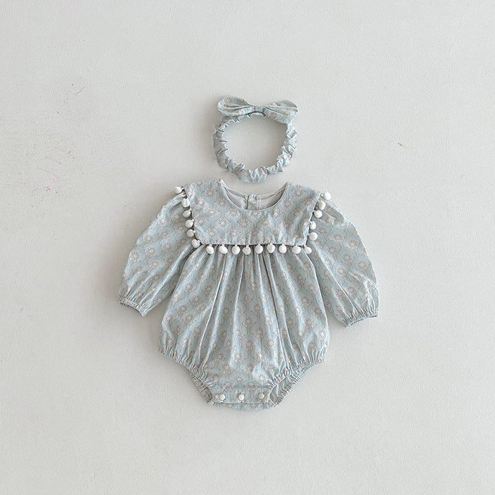 【73-90】ミニポンポンデザイン長袖ロンパース