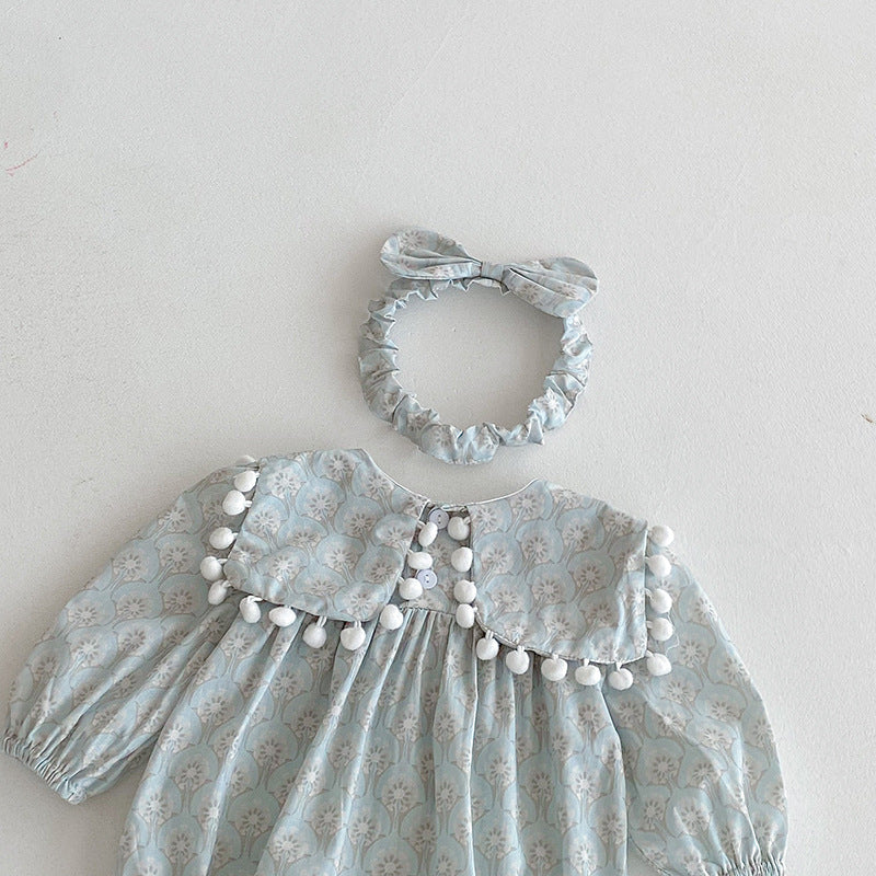 【73-90】ミニポンポンデザイン長袖ロンパース