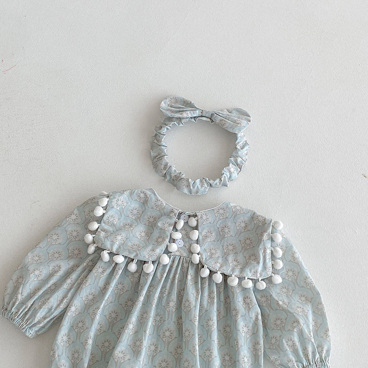 【73-90】ミニポンポンデザイン長袖ロンパース