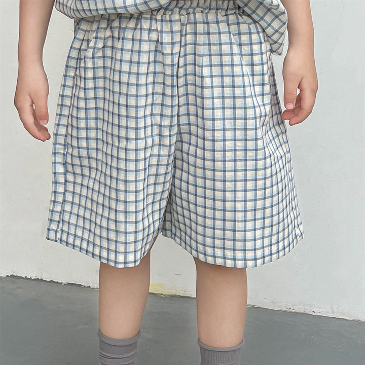 【90-140】フレンチスリーブチェックシャツ×ハーフパンツセット